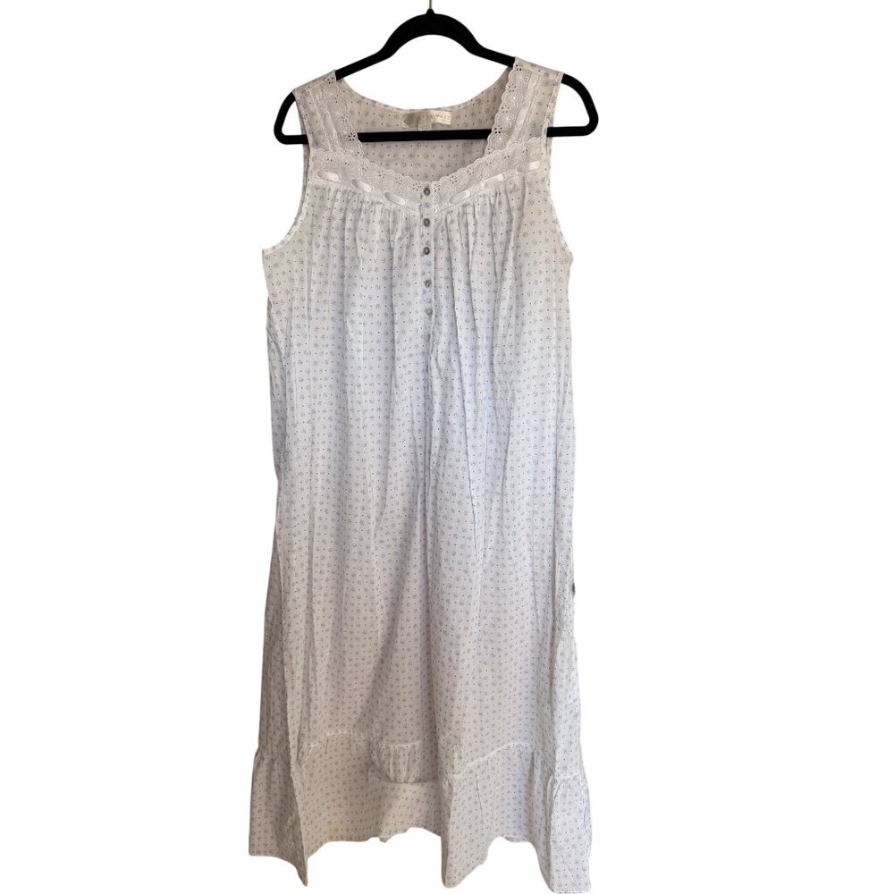 Eileen West Womens Nightgown Size M White Blue Floral Eyelet Trim Pullover New - Picture 5 of 15